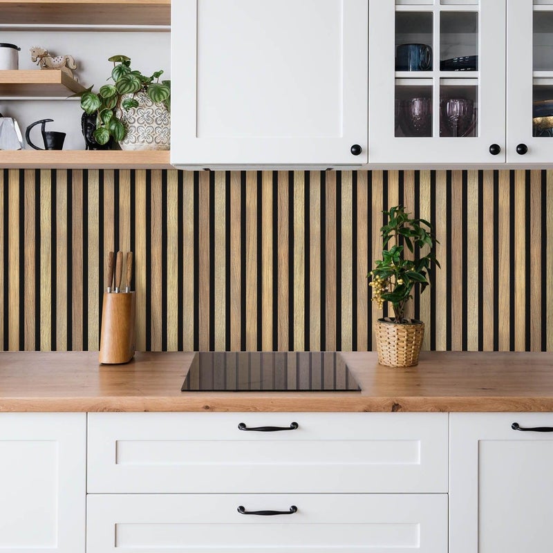 Commomy 10 Pcs 3D Faux Wood Slat Wallpaper Peel and Stick - 11.8"x11.8" Peel and Stick Wood Tiles Ultralight PVC Wall Paneling for Bedroom, Bathroom, Kitchen Backsplash, Farmhouse Interior Decor - Image 2
